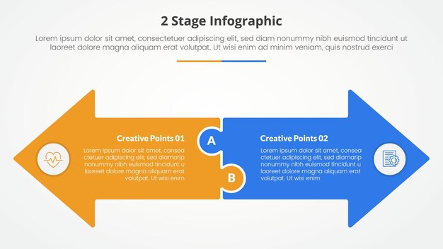 plantilla de etapa de 2 puntos para la comparación opuesto concepto infográfico para la presentación de diapositivas con forma de flecha grande lado a lado dirección opuesta con estilo plano