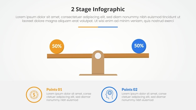 Plantilla de etapa de 2 puntos para la comparación opuesto concepto infográfico para la presentación de diapositivas con porcentaje de escala de madera con estilo plano