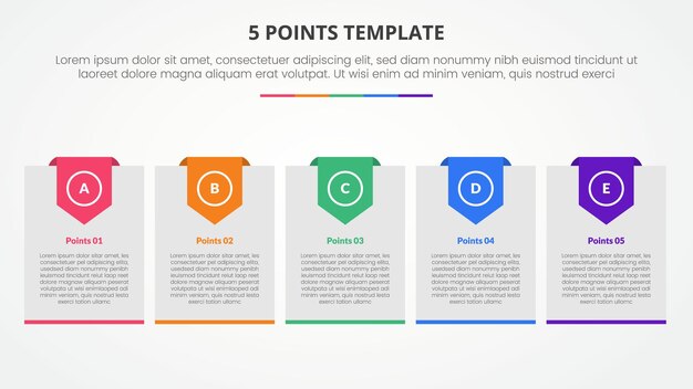 plantilla de etapa de 5 puntos concepto infográfico para presentación de diapositivas con caja grande con insignia de encabezado con lista de 5 puntos con vector de estilo plano