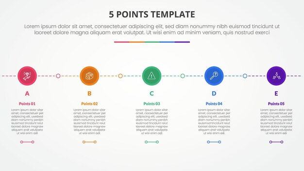 plantilla de etapa de 5 puntos concepto infográfico para presentación de diapositivas con círculo pequeño en conexión de línea horizontal con lista de 5 puntos con estilo plano