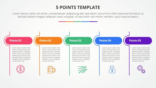 plantilla de etapa de 5 puntos concepto infográfico para presentación de diapositivas con encabezado redondo de tabla y divisor de líneas con lista de 5 puntos con vector de estilo plano