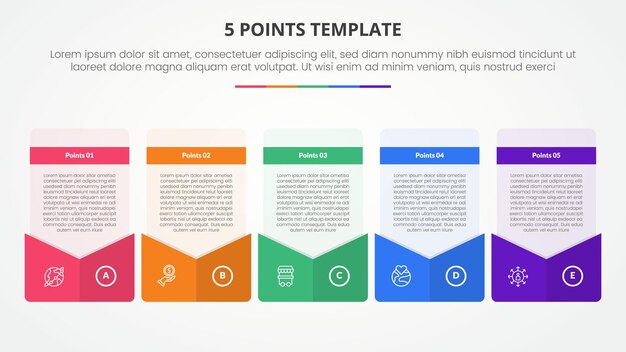 plantilla de etapa de 5 puntos concepto infográfico para presentación de diapositivas con estilo de sobre de caja creativa pie de página con lista de 5 puntos con estilo plano