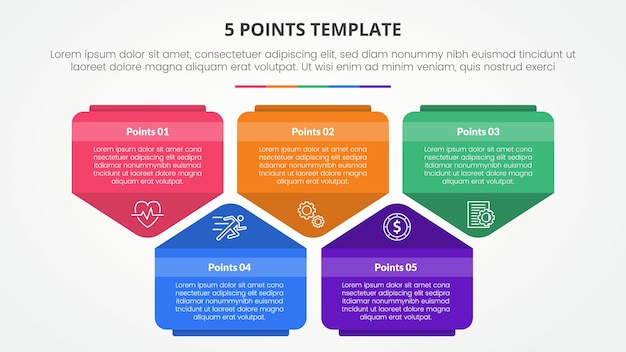 Plantilla de etapa de 5 puntos concepto infográfico para presentación de diapositivas con forma creativa de pentágono arriba y abajo con lista de 5 puntos con vector de estilo plano