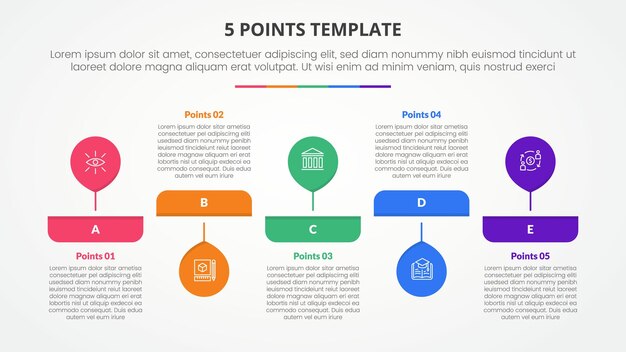 plantilla de etapa de 5 puntos concepto infográfico para presentación de diapositivas con gran globo horizontal arriba y abajo con lista de 5 puntos con estilo plano
