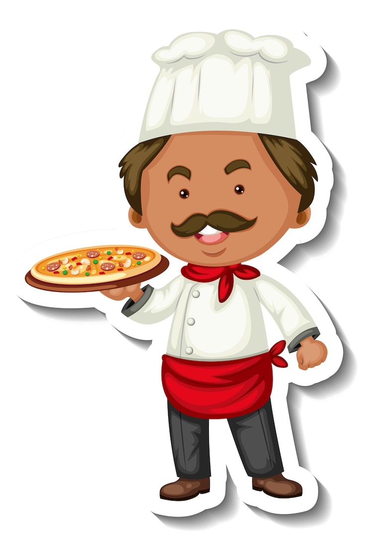 Vector gratuito plantilla de etiqueta con un hombre chef sostiene bandeja de pizza aislada