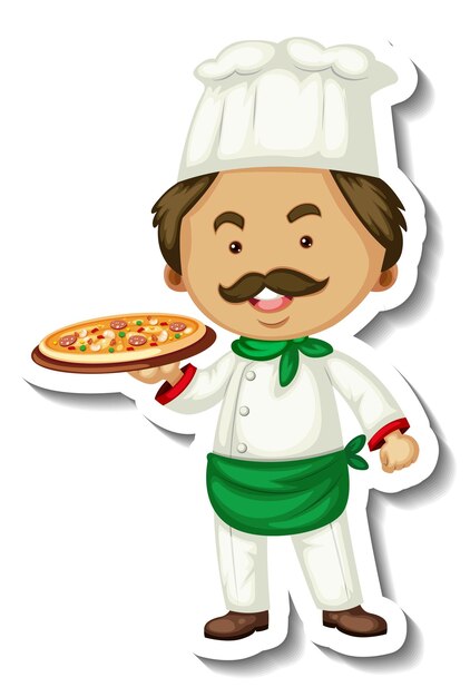 Plantilla de etiqueta con un hombre chef sostiene bandeja de pizza aislada