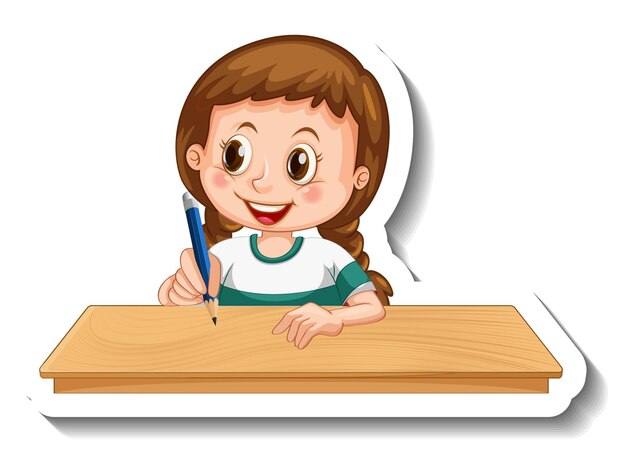 Plantilla de etiqueta con una niña escribiendo en el personaje de dibujos animados de mesa aislado