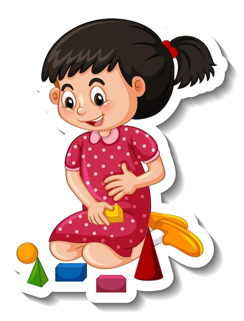 Plantilla de etiqueta con una niña jugando con su juguete aislado