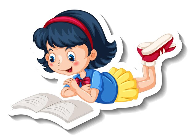 Plantilla de etiqueta con una niña leyendo un personaje de dibujos animados de libro aislado