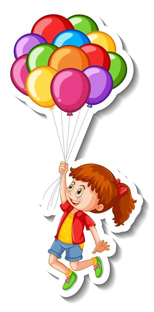 Plantilla de etiqueta con una niña sosteniendo muchos globos aislados