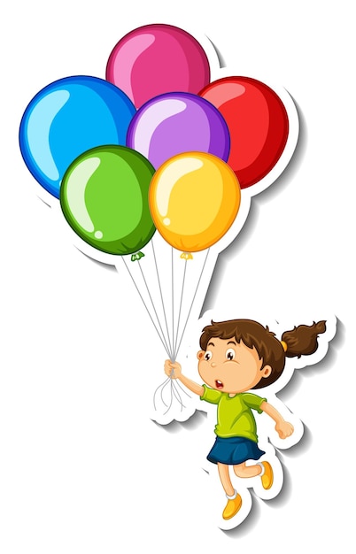 Vector gratuito plantilla de etiqueta con una niña sosteniendo muchos globos aislados
