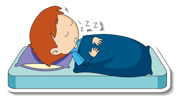 Plantilla de etiqueta con un niño durmiendo en la cama aislada