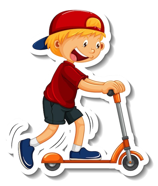 Plantilla de etiqueta con un niño montando un personaje de dibujos animados de scooter aislado