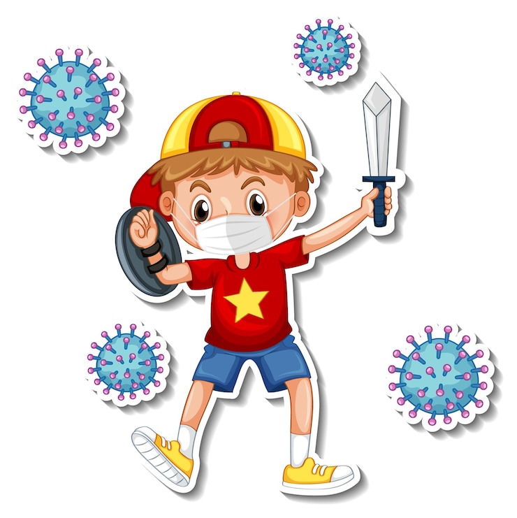 Vector gratuito una plantilla de etiqueta con un niño con personaje de dibujos animados de máscara médica