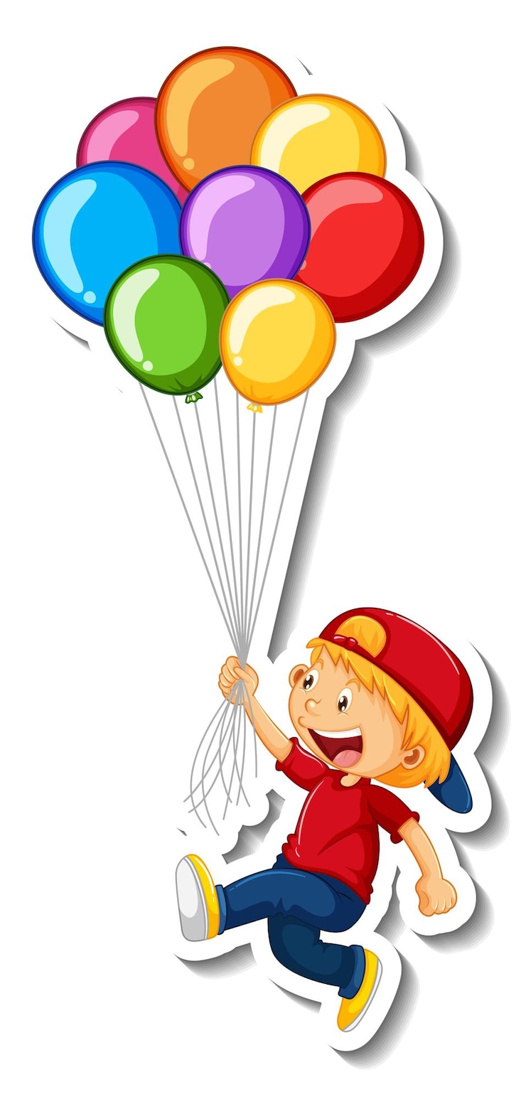 Vector gratuito plantilla de etiqueta con un niño sosteniendo muchos globos aislados