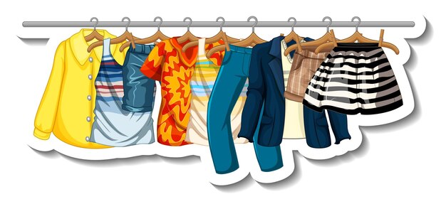 Una plantilla de etiqueta de percheros con mucha ropa en perchas sobre fondo blanco.
