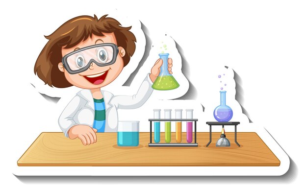 Plantilla de etiqueta con personaje de dibujos animados de un estudiante haciendo experimento químico