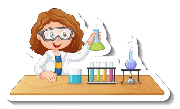 Plantilla de etiqueta con personaje de dibujos animados de un estudiante haciendo experimento químico