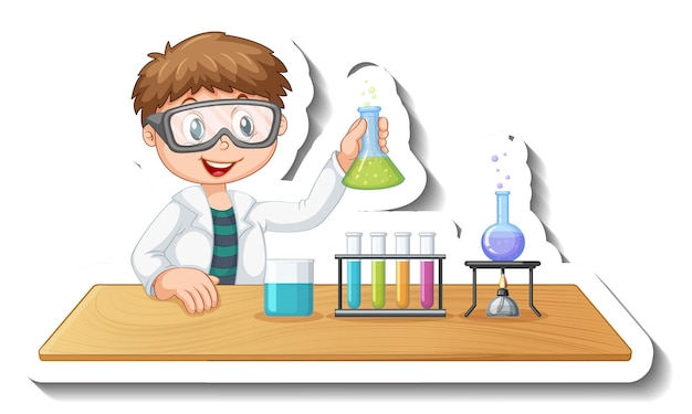 Plantilla de etiqueta con personaje de dibujos animados de un estudiante haciendo experimento químico