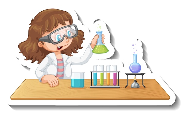 Plantilla de etiqueta con personaje de dibujos animados de un estudiante haciendo experimento químico