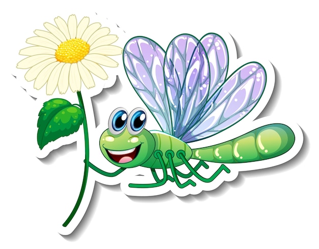 Plantilla de etiqueta con personaje de dibujos animados de una libélula sosteniendo una flor aislada