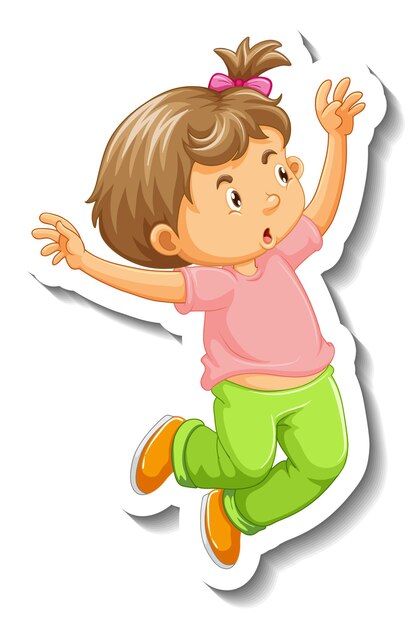 Plantilla de etiqueta con un personaje de dibujos animados saltando niña aislado