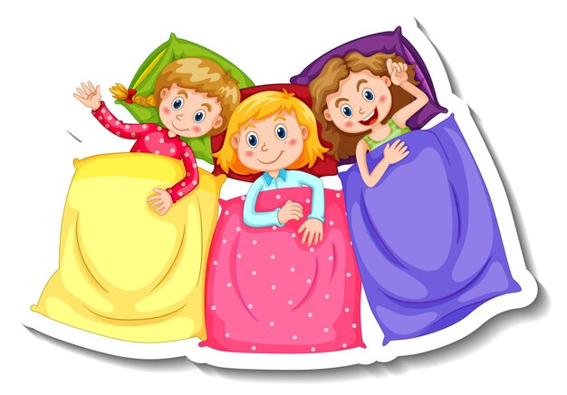 Plantilla de etiqueta con tres niños en trajes de pijama aislado