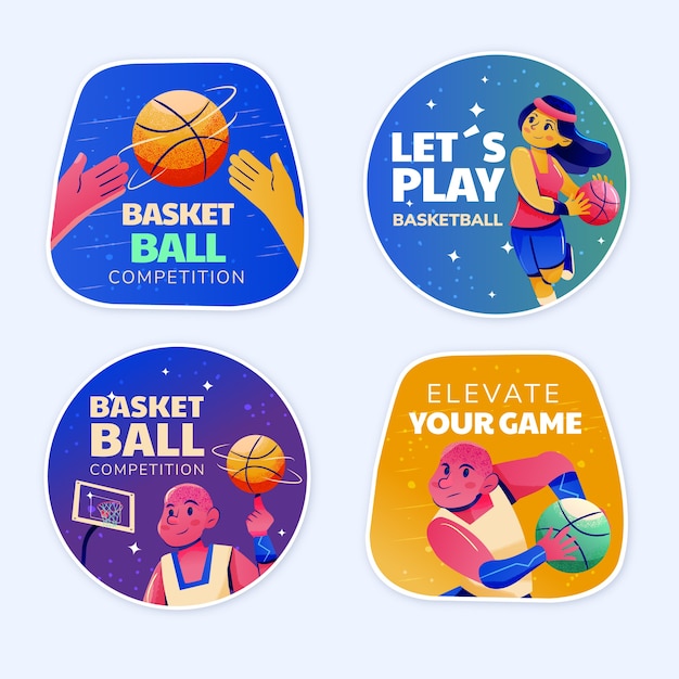 Vector gratuito plantilla de etiquetas de baloncesto de textura degradada