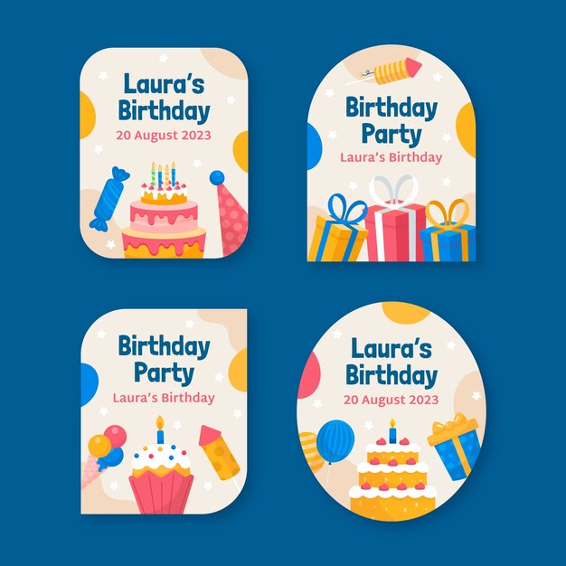 Plantilla de etiquetas de celebración de cumpleaños de diseño plano