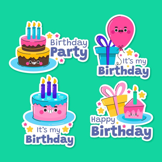 Plantilla de etiquetas de celebración de cumpleaños de diseño plano