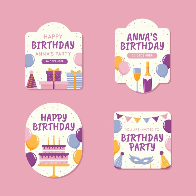 Plantilla de etiquetas de celebración de cumpleaños de diseño plano