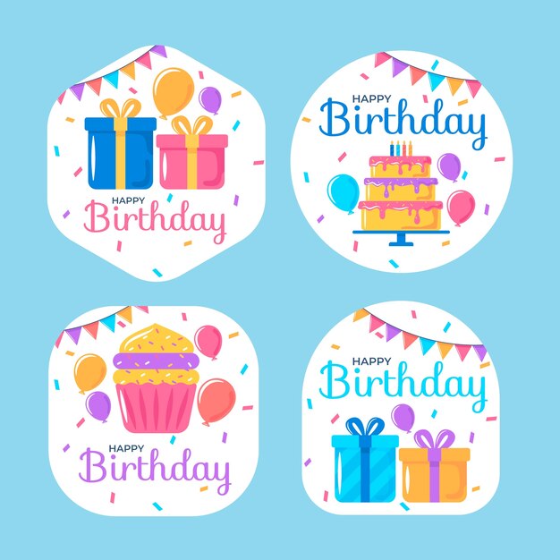 Plantilla de etiquetas de celebración de cumpleaños de diseño plano