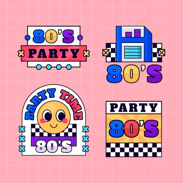 Vector gratuito plantilla de etiquetas de celebración de fiesta de los 80 dibujada a mano