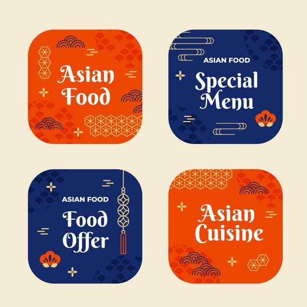 Plantilla de etiquetas de comida asiática de diseño plano