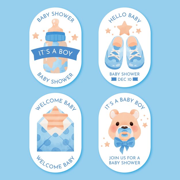 Plantilla de etiquetas de fiesta de baby shower en acuarela