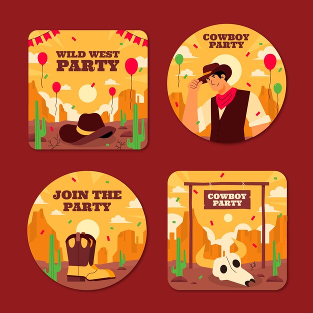 Plantilla de etiquetas de fiesta vaquera de diseño plano