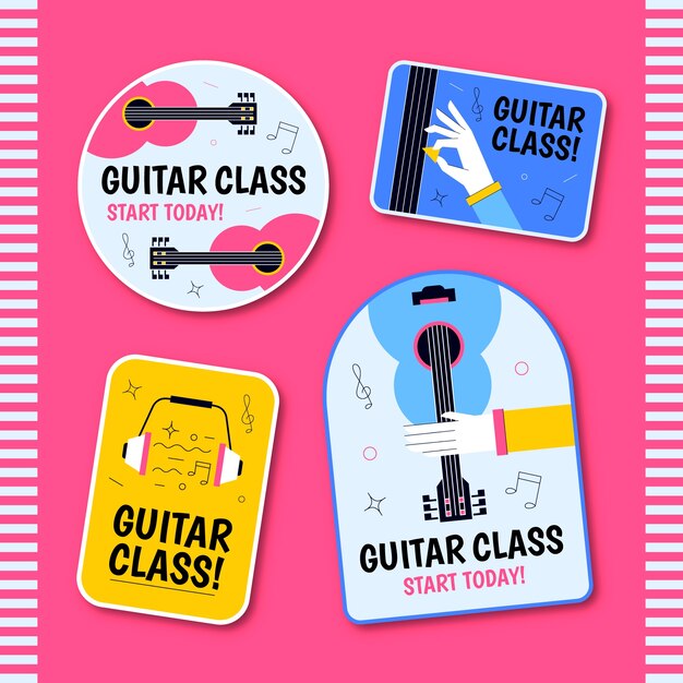 Plantilla de etiquetas de lecciones de guitarra dibujadas a mano