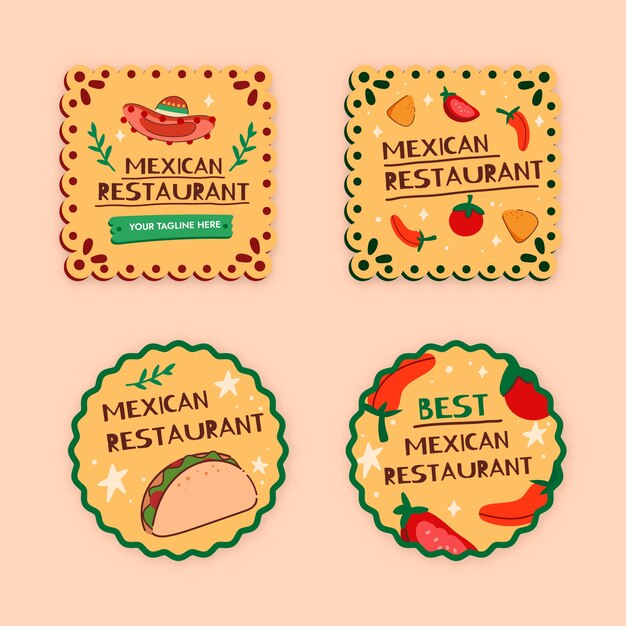 Plantilla de etiquetas de restaurante mexicano dibujadas a mano