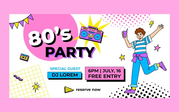 Plantilla de facebook de celebración de fiesta de los 80 dibujada a mano