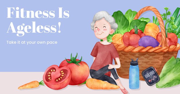 Plantilla de facebook con concepto de fitness de salud para personas mayores estilo acuarela