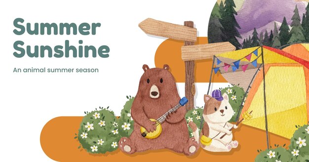 Plantilla de facebook con concepto de verano de campamento de animalesestilo acuarela