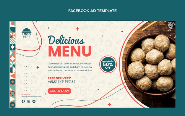 Vector gratuito plantilla de facebook de delicioso menú de diseño plano