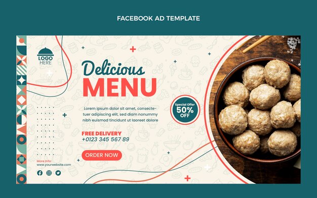 Plantilla de facebook de delicioso menú de diseño plano