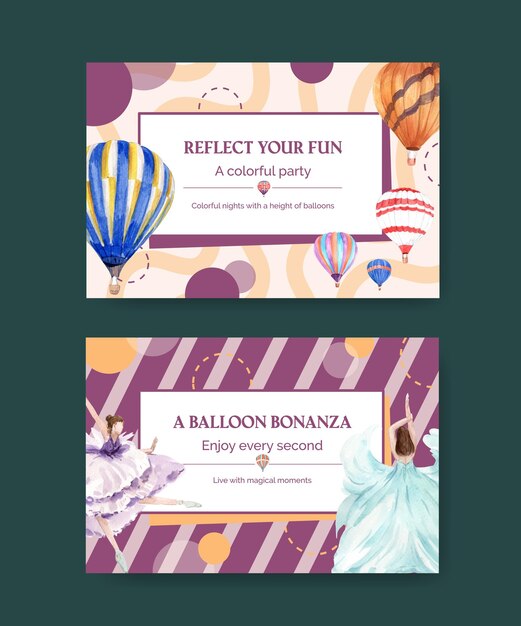 Plantilla de facebook con diseño de concepto de fiesta de globos para marketing digital e ilustración acuarela de redes sociales