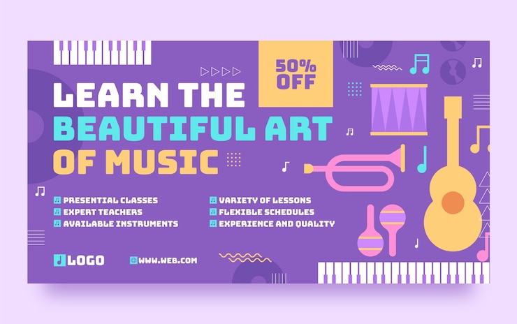 Vector gratuito plantilla de facebook de escuela de música de diseño plano