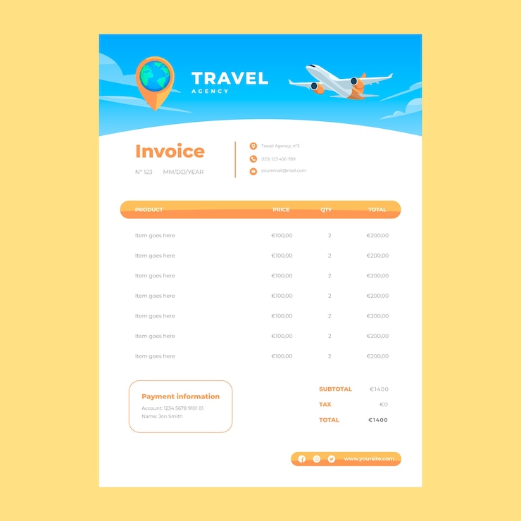 Vector gratuito plantilla de factura de agencia de viajes plana