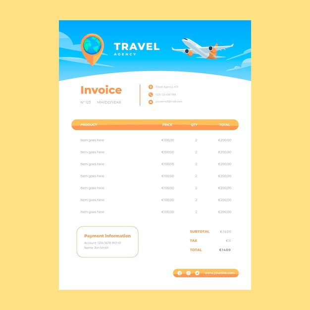 Plantilla de factura de agencia de viajes plana