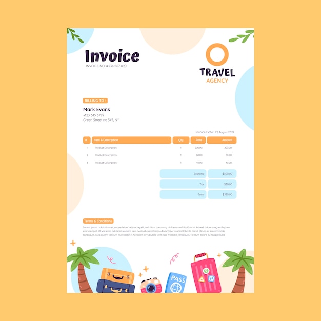 Vector gratuito plantilla de factura de agencia de viajes plana