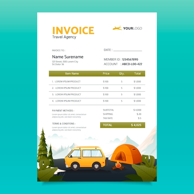 Vector gratuito plantilla de factura de agencia de viajes