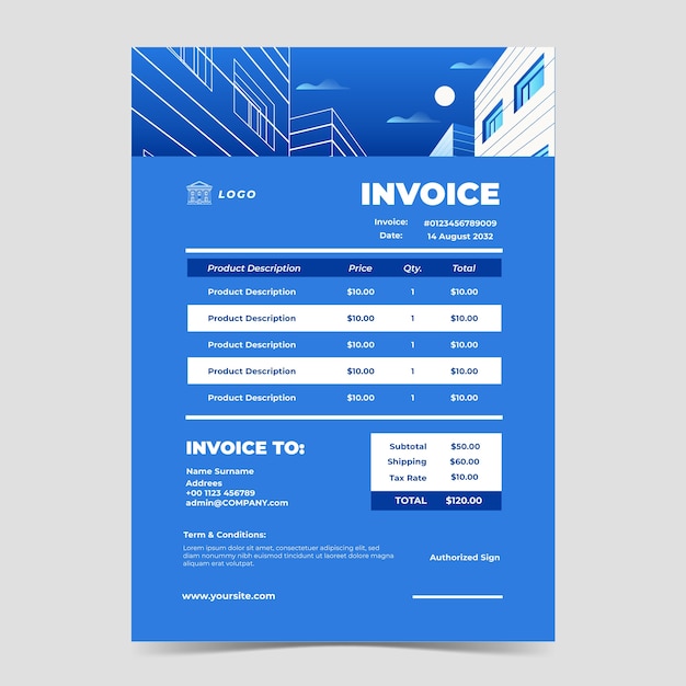 Vector gratuito plantilla de factura de arquitecto azul degradado